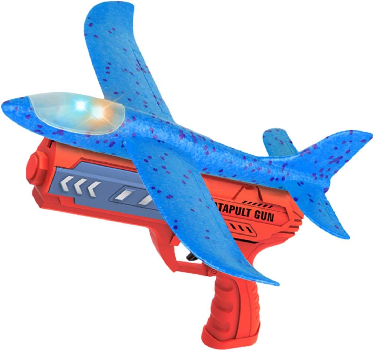 Jucarie lansator de avioane, klausstech, tip pistol, pana la 6-10 m, polistiren, albastru/rosu